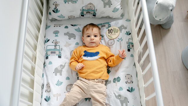 Baby boy in crib with safari bedding, 10 months old