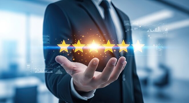 Businessman holding five glowing stars in his hand representing customer service excellence and high quality business rating