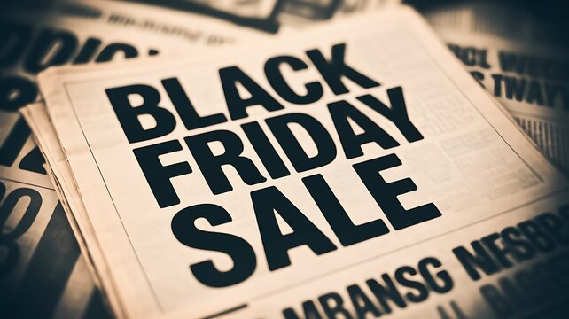 A close up view of a newspaper headline announcing a major black friday sale event for shoppers