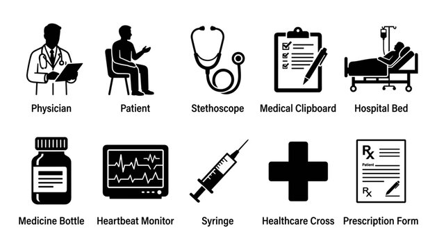 Medical Care Symbols Including Physician Patient Stethoscope and Hospital Bed Featuring Healthcare, Medicine, Bottle