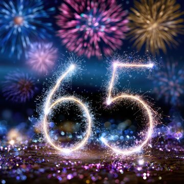 Sparkler lights forming the number 65 on a festive background with vibrant fireworks bursting in the night sky and colorful confetti on the ground celebrating a spec