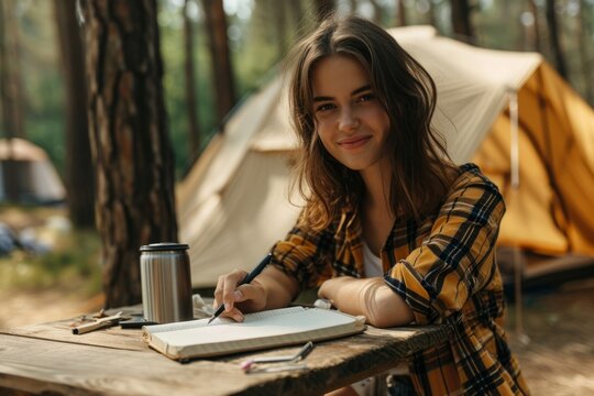 Young woman with long hair, wearing a plaid shirt, is sitting at a wooden table in a forest campsite, sketching in a notebook, surrounded by nature and tents, enjoying outdoor creativity