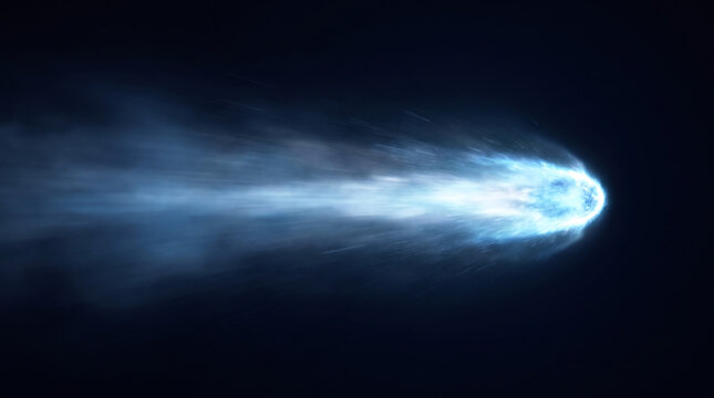 Cinematic rocket launch plume in night sky, glowing blue exhaust trail of spacecraft, atmospheric vapor effect from rocket engine propulsion