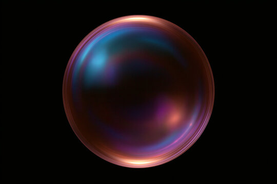 Iridescent soap bubble isolated on black background. Glowing colorful sphere with metallic magenta and blue reflections. Transparent orb macro design element, orb features a smooth, reflective texture
