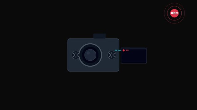 Minimalist digital camera recording interface with rec indicator and timer overlay for broadcast and media production projects animation 4k