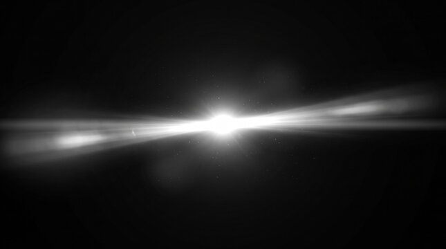 Anamorphic lens flare with horizontal light streak, bright white optical glow on black background, cinematic flash effect for video overlays