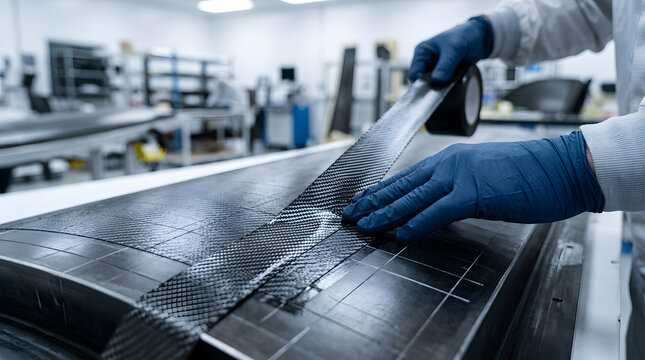 Aerospace technician wearing blue gloves applying woven carbon fiber prepreg tape onto a curved mold tool in a composite cleanroom shop.
