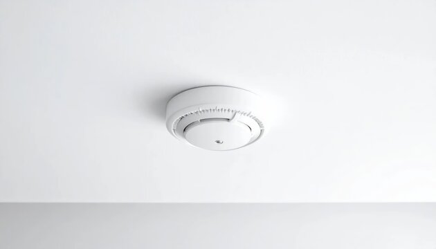 White smoke detector mounted on flat ceiling.