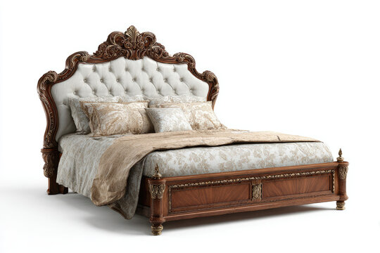 A classic double bed with a large headboard is isolated on white.