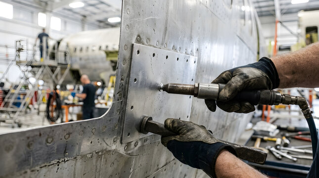 Aircraft mechanic using a pneumatic rivet gun and bucking bar to install solid rivets on an aluminum aircraft fuselage panel in a hangar.