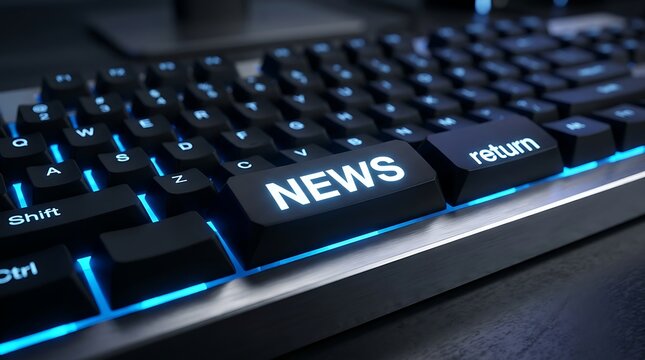 Close-up of a black computer keyboard with a glowing blue backlit key labeled news, positioned next to a return key in a dark office setting