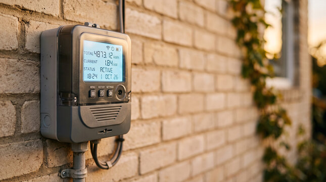 Smart energy meter displaying consumption data on brick wall setting