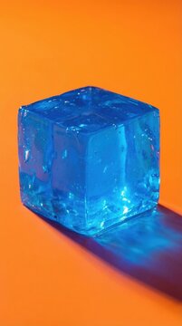 A vibrant blue translucent cube sits on a bright orange surface. High contrast colors and sharp shadows create a modern aesthetic. Perfect for abstract design and conceptual art.