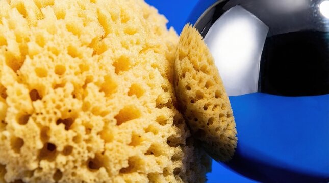 Yellow natural sea sponge touching a reflective chrome sphere on a blue background. Contrasting textures of organic roughness and industrial smoothness. Useful for skincare or design concepts.