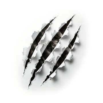 Three sharp claw marks ripping through white paper background with torn edges and dark shadows