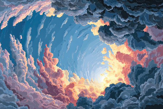 illustration of cool clouds and sky background rising from the center