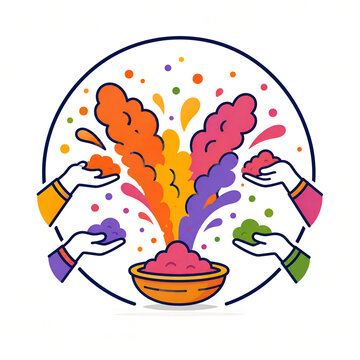 Happy Holi Festival Celebration with Color Powder Splash, Hands and Bowl Flat Vector Illustration