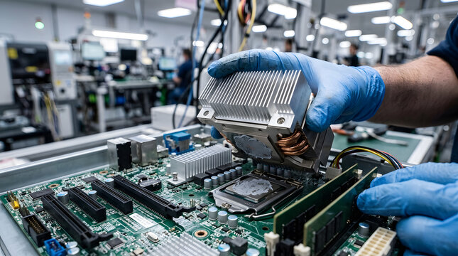 Computer assembly technician wearing blue gloves applying thermal paste and installing a copper heatpipe heatsink onto a CPU socket.