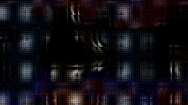 Animated abstract technology random dots and grid 4K on black background. Loop background. Led halftone and moire effect