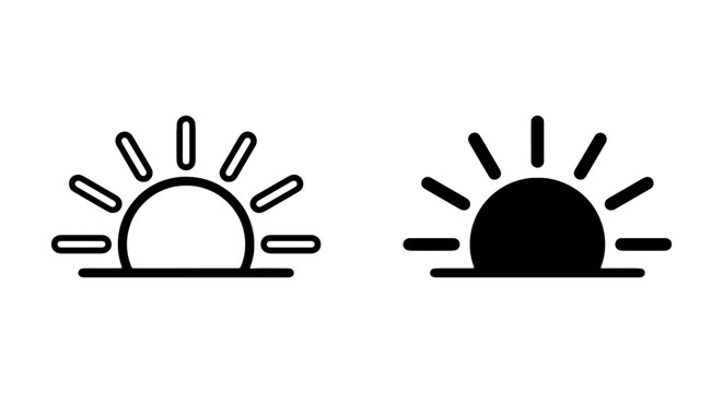 Minimalist sunrise vector icons, simple sun rising line art, sunset graphic elements