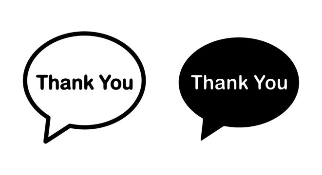 Thank you speech bubble icons, black and white message balloons, vector chat symbols