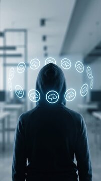 Person in hoodie facing cloud storage icons in office. Represents data security and cloud hacking. Ideal for technology and cybersecurity articles.