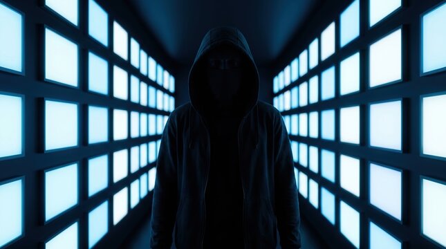 A hooded figure stands in a dark hallway surrounded by glowing blue screens. It represents cyber security, anonymity, and hacking. Ideal for articles on digital crime or data protection.