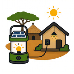 Naklejka premium Solar Lantern Powering Rural African Home with Off-Grid Renewable Energy Flat Vector Illustration