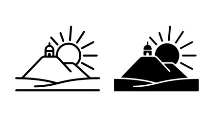 Fototapeta premium Minimalist sunrise over hills icon set, simple landscape vector graphic, nature outline logo