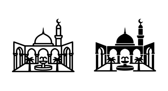 Islamic mosque vector icons, traditional arabic building silhouette, oriental temple line art