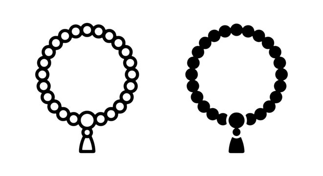 Buddhist prayer beads vector icon set, Islamic tasbih worry beads, religious rosary symbols