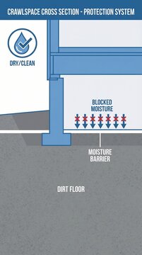 Cross section diagram shows crawlspace moisture barrier system. It illustrates how vapors are blocked to maintain a dry environment. Ideal for home construction or waterproofing marketing.