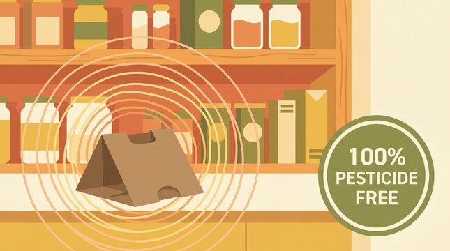 Cardboard pheromone trap emits signals on a kitchen pantry shelf with food jars. Eco friendly pest control concept without chemicals. Use for blogs about organic living or pest management.