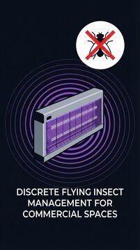 Electronic ultraviolet fly trap emitting purple light. Professional pest control solution for commercial environments. Ideal for marketing sanitation services or pest management products.