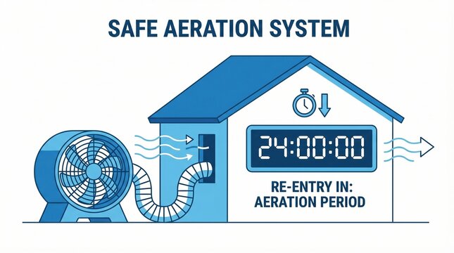 Diagram showing house ventilation system with fan and timer. Illustrates safety protocols for chemical aeration or fumigation. Ideal for safety manuals and industrial guides.