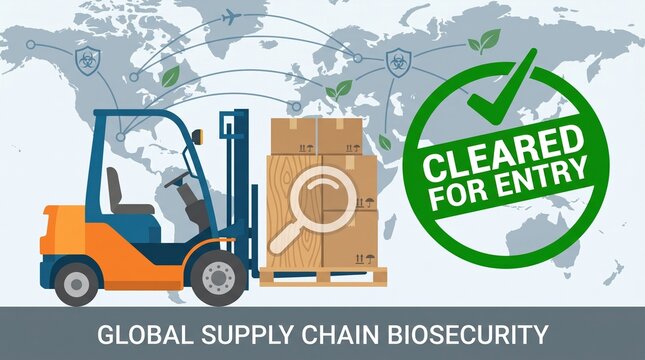 Forklift carrying boxes with cleared for entry stamp over world map. Illustration highlights safety and inspection protocols. Ideal for logistics and international trade articles.