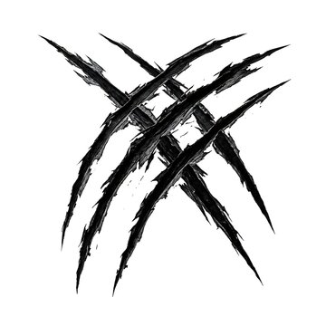Black grunge style claw marks isolated on a white background representing animal scratches or aggressive damage