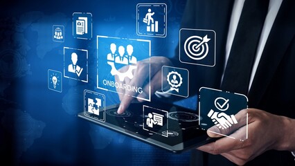 Fototapeta premium Business Professional Engaging with Digital Onboarding Icons on Tablet for Employee Integration and Performance Improvement Strategies. Entropy.
