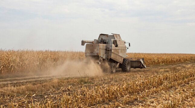 Combine harvester raising dust while cutting a dry corn field