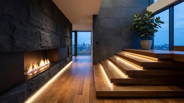 Interior view of a luxury living space with a linear fireplace, dark stone walls, wooden floating staircase, and floor-to-ceiling windows