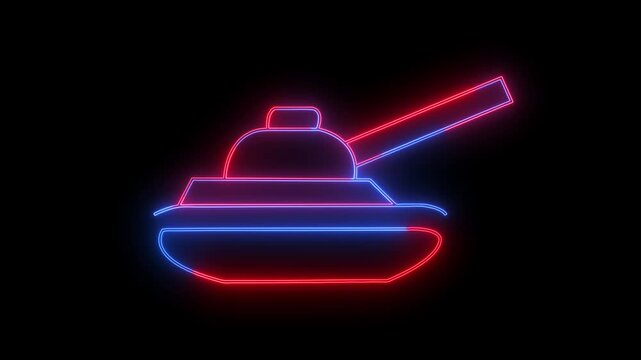 Glowing Neon Military Tank Icon Loop Motion Graphics - Red and Blue Light Line Stroke Animation