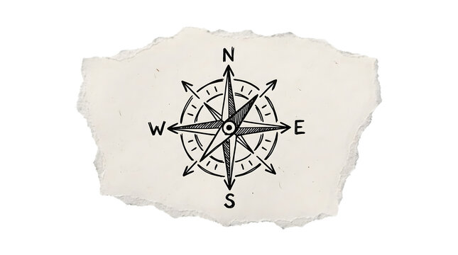 Vintage nautical compass navigation icon drawn on torn paper texture with navigation direction nautical adventure exploration geography creative