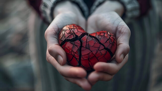 Broken red heart held in caucasian female hands symbolizing love and healing