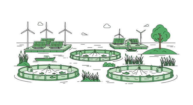 Sustainable Aquaculture Fish Farm with Wind Turbines and Solar Panels