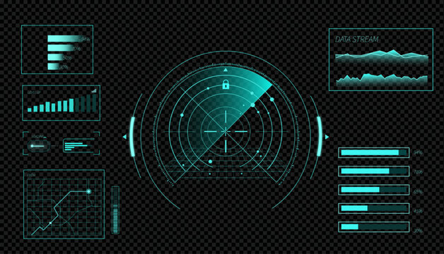 Futuristic hud interface with radar scanner, data stream graphs, loading bars and navigation path map on dark digital background