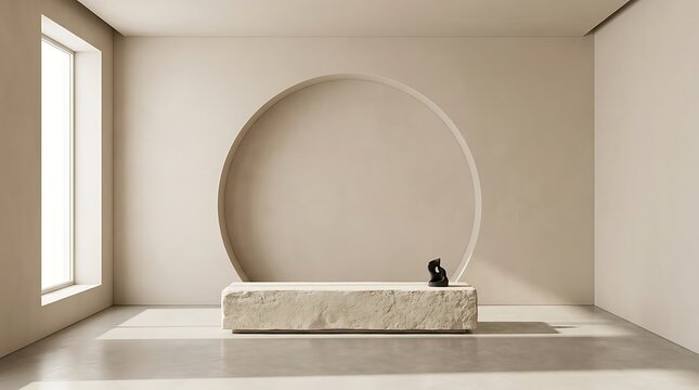Minimalist room with beige walls, a circular wall niche, and a rectangular stone bench with a small dark sculpture on a smooth concrete floor