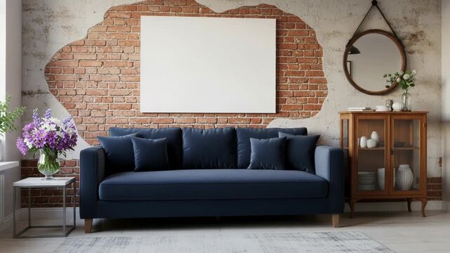 Modern living room with blue sofa, exposed brick wall, and blank canvas