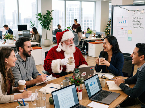 Cheerful Santa Claus having a business meeting with diverse young professionals in a bright modern office during the Christmas holiday season