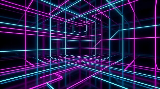 Neon grid tunnel with glowing cyan and magenta laser lines, intersecting geometric light beams in a dark three-dimensional perspective space