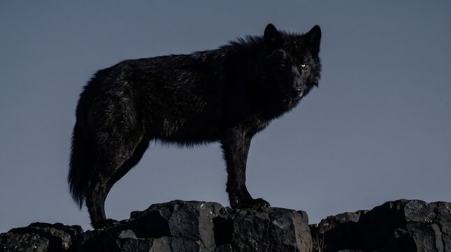 Black wolf standing on dark rocks in wilderness